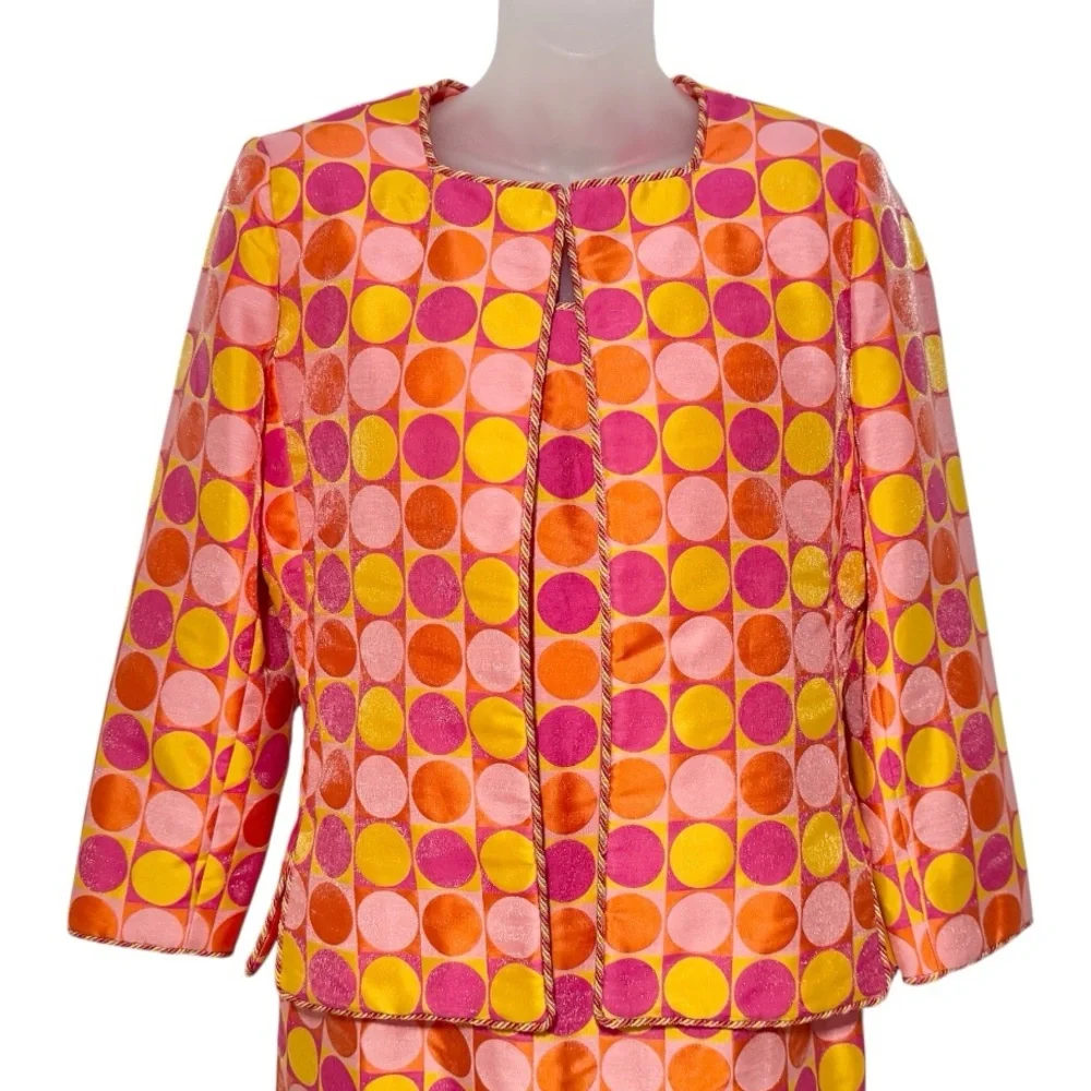 Victor Costa Orange/Pink/Yellow Circles Dress with Matching Jacket